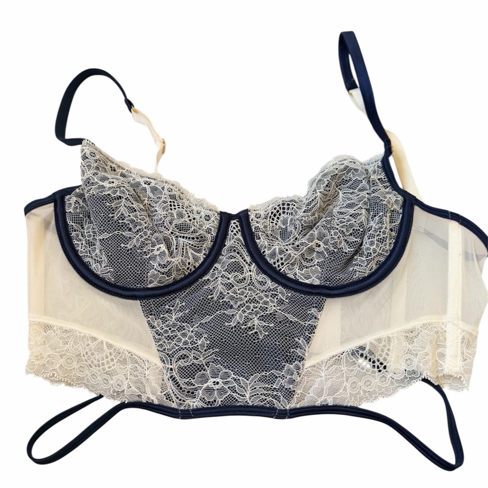 Underwire Lace Bustier Bra in Cream and Navy by What Makes You Blush, Size M